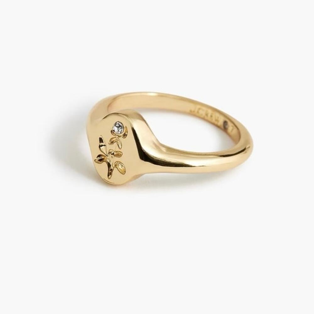 J Crew NWT Gold Tone Engraved Flower Signet Style Ring Size 8